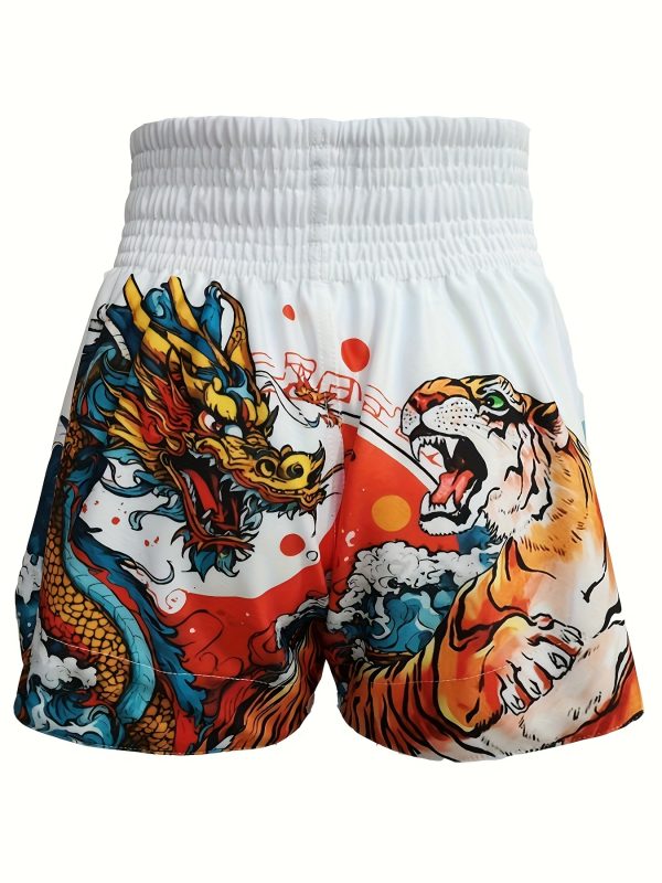 Men's Loose Tiger And Dragon Graphic Print Boxing Shorts, Active Elastic Waist Sports Trunks For Boxing Workout Fighting Training